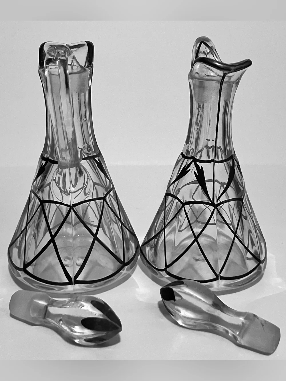 1930s ART DECO Cruet Set / SPIDERWEB Sterling Overlay / 6.5 Inches Tall / RARE